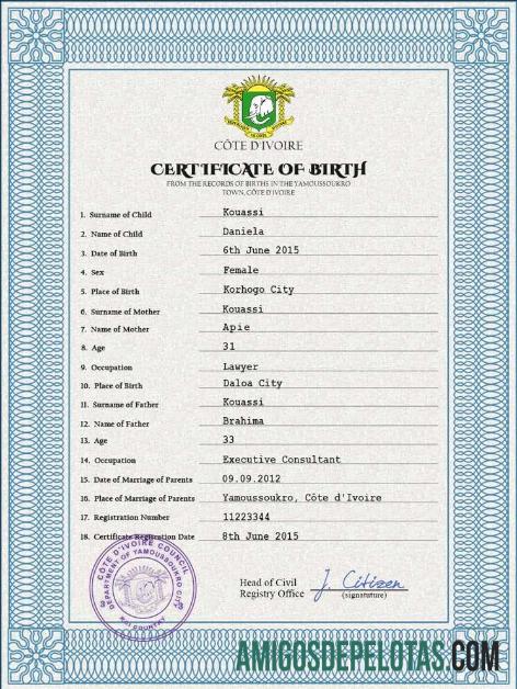 Realista modelo PSD de certidão de nascimento de registro vital da Costa do Marfim